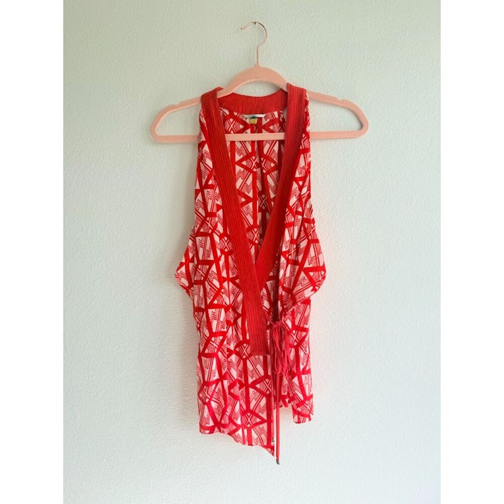 Anthropologie Leifsdottir Catalyst Geo Print Silk Wrap Top in Red & White size 2
